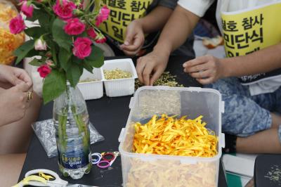 세월호특별법 관련 노란 리본을 만드는 자원봉사자들