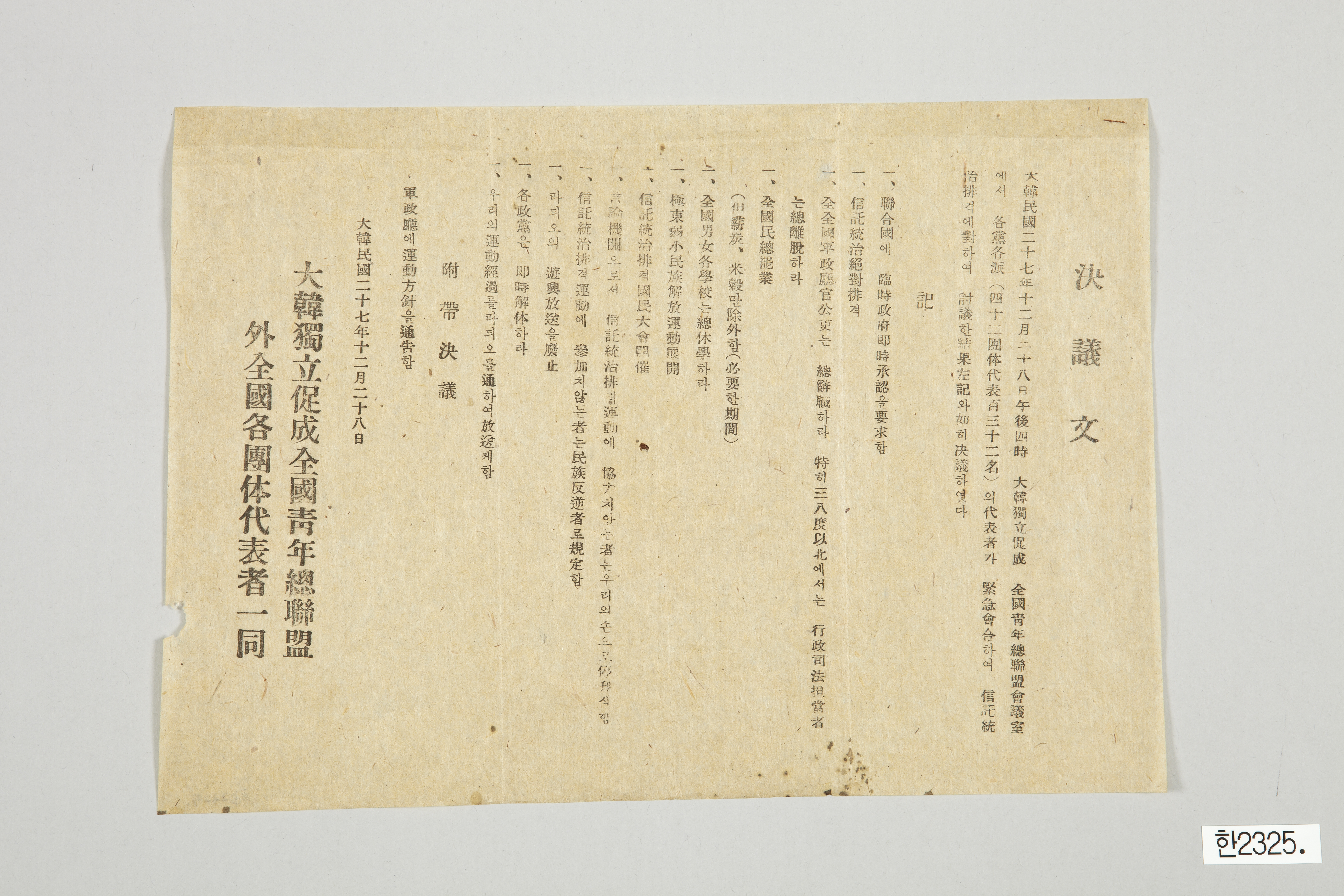 대한독립촉성전국청년총연맹 결의문