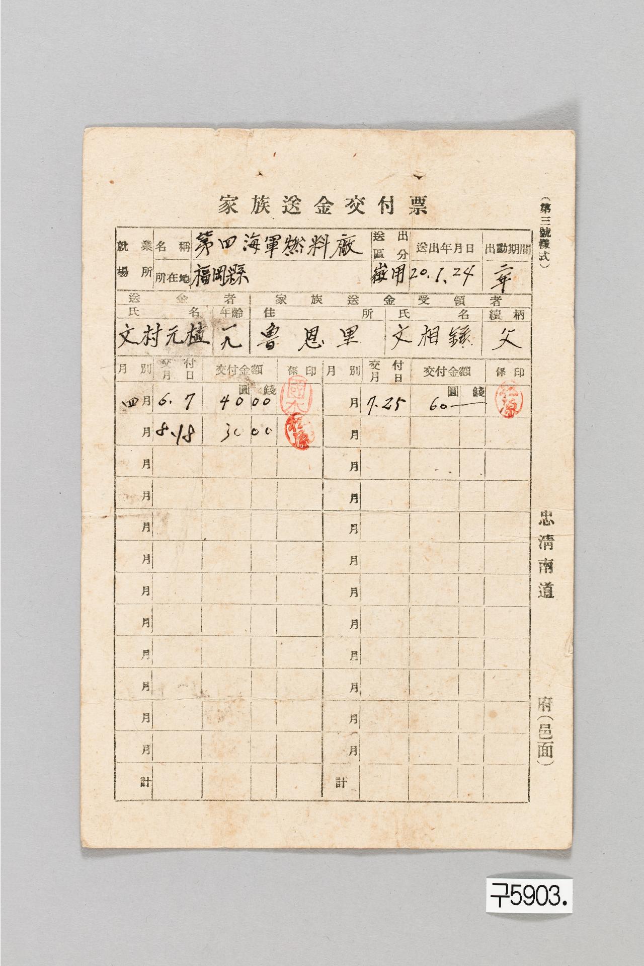 가족송금교부표