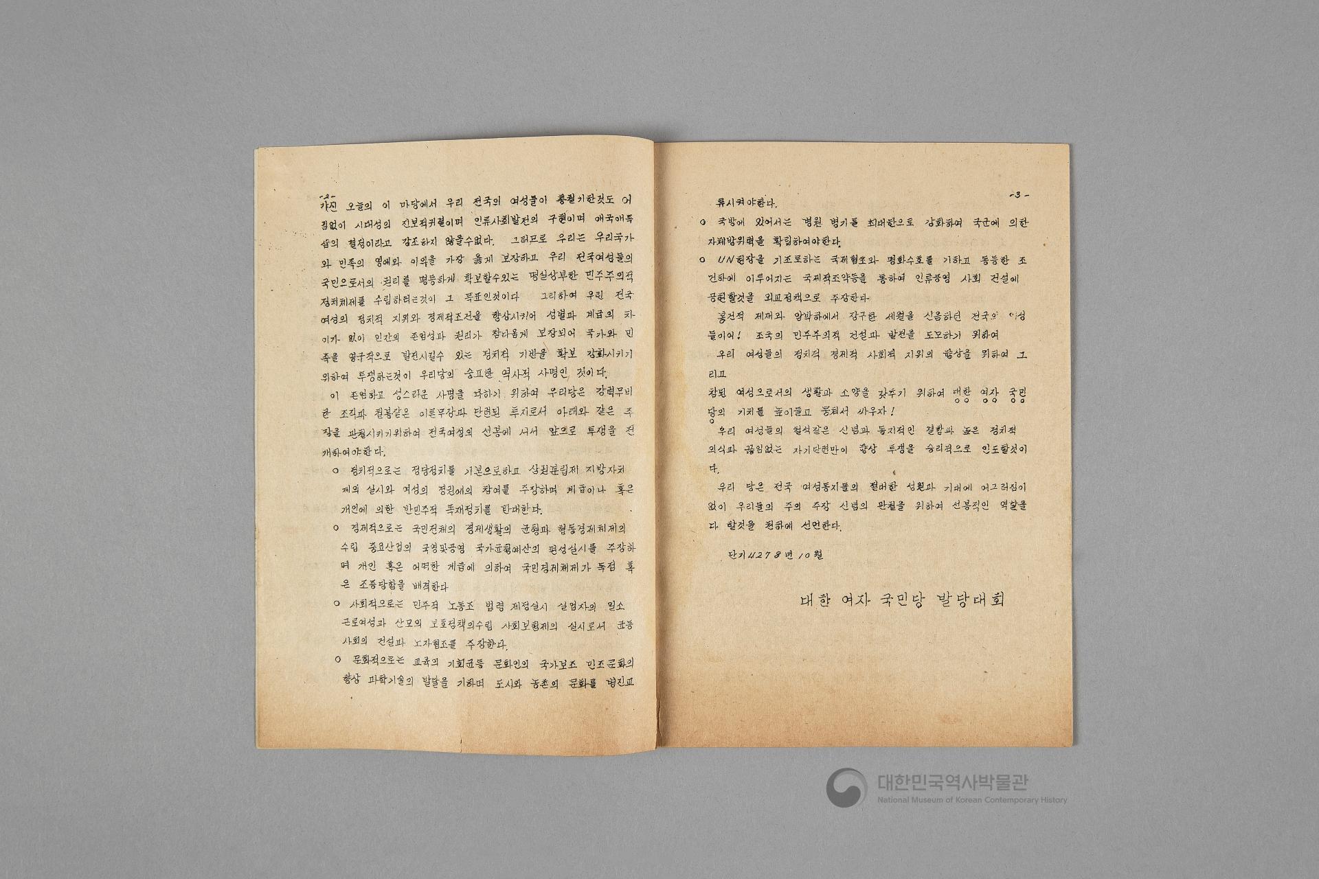 대한여자국민당 선언, 당강, 당책, 당헌